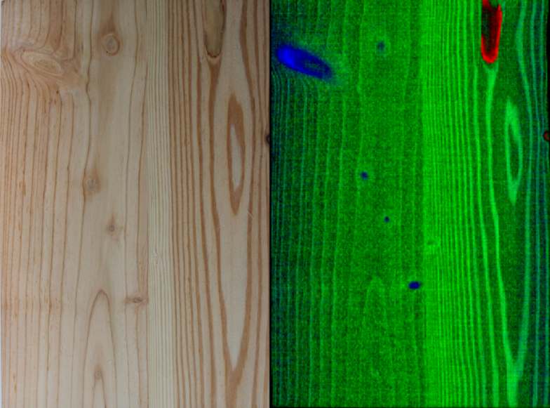 Mit Hilfe von hyperspektraler Bildverarbeitung lassen sich Astlöcher, Stellen mit Harz und hoher Feuchtigkeit in Holz sicher erkennen.